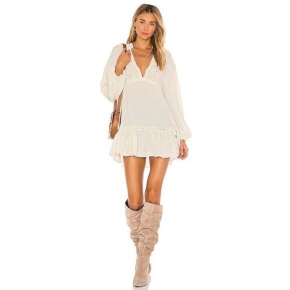 Free People Rugged Beauty Swing Mini Dress Bohemian Lace Cotton Ivory Large - Picture 1 of 14